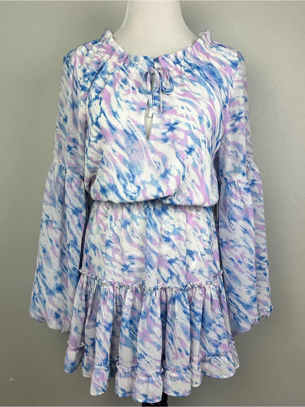 BuddyLove Zozo Marble Mini Dress Blue Purple Ruffle Bell Sleeve NWT